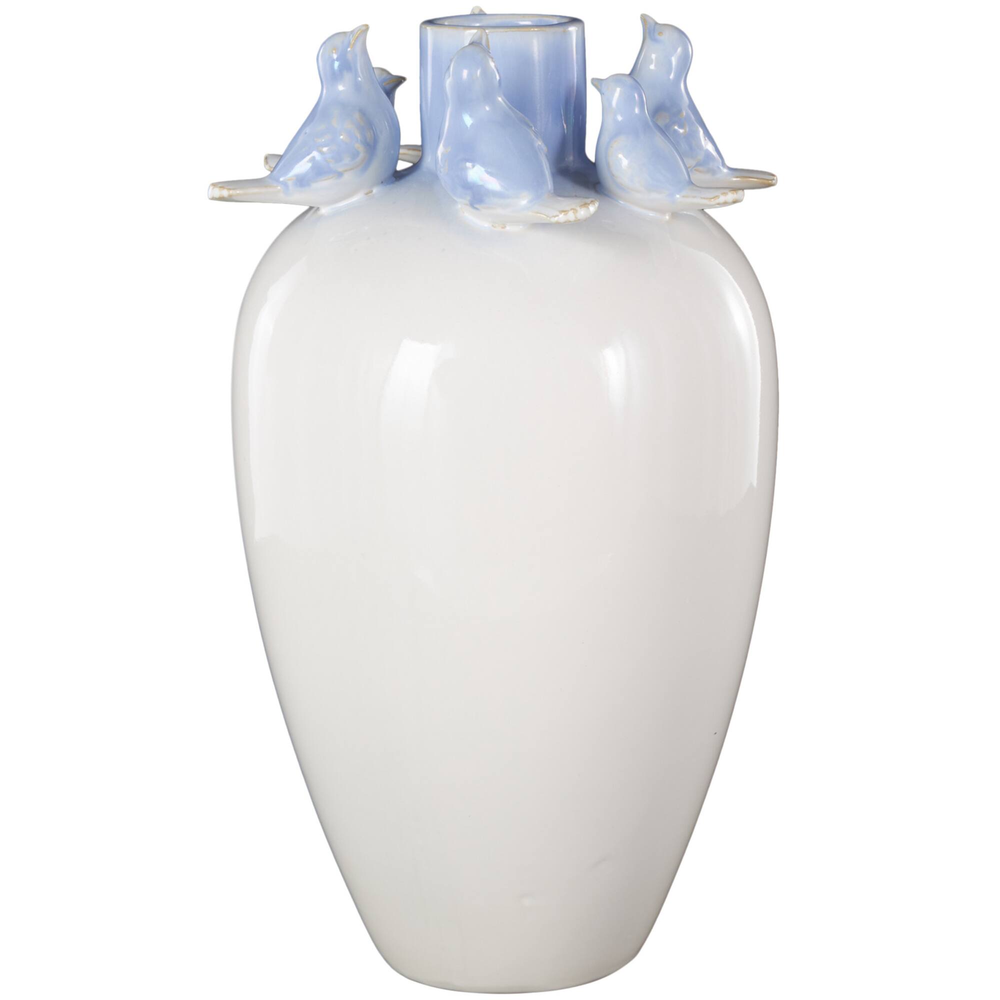 15" White with Blue Bird Accents Ceramic Decorative Vase